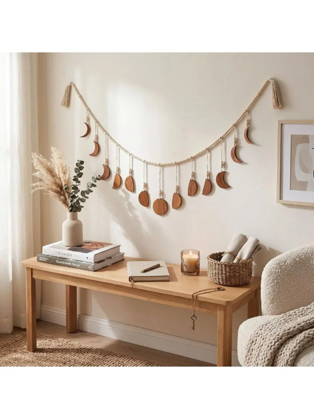 Boho Moon Phase Wall Art - Rattan Beaded Hanging Decor with Tassel for Bedroom